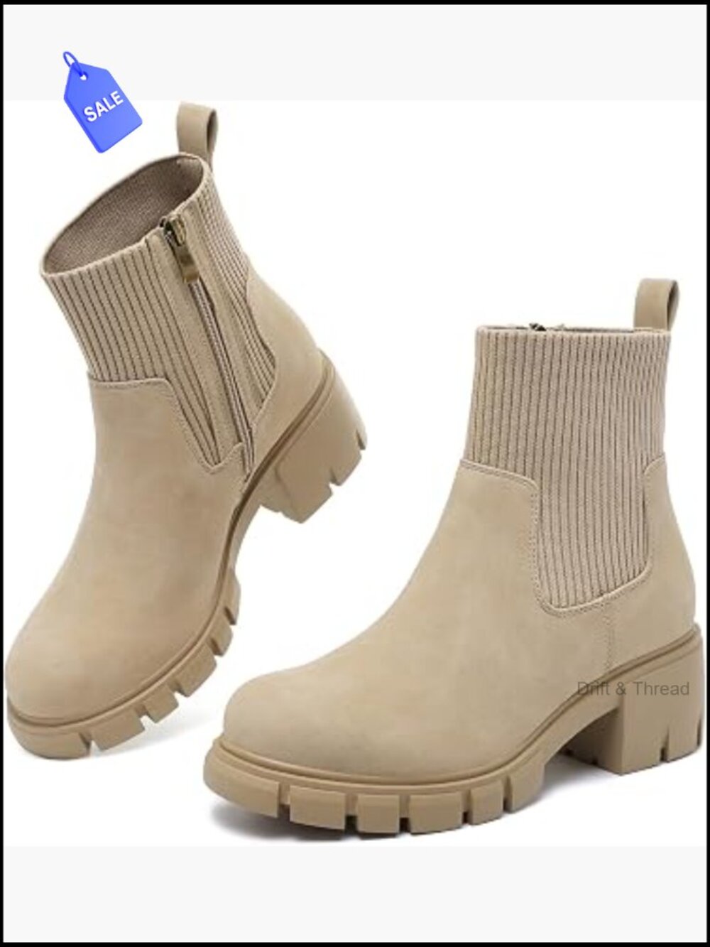 Chunky Lug Sole Chelsea Ankle Boots, Side Zip, Block Heel, Women's Size